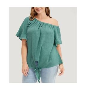 BLOOMCHIC SZ 12 L Green Solid Cut Out Knotted Hem One Shoulder Blouse NWT B95